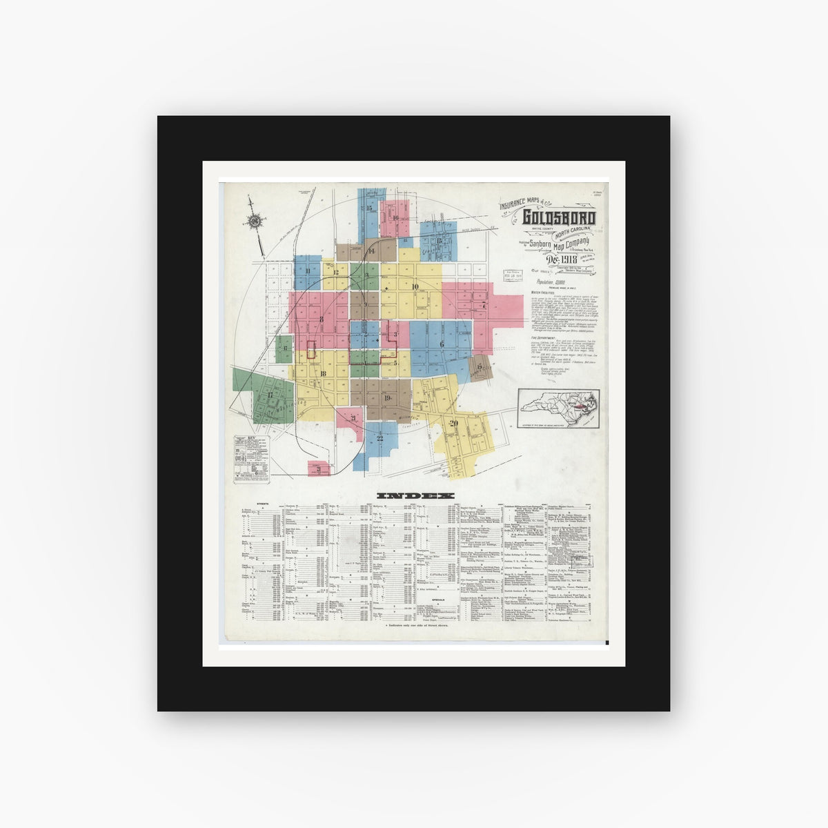 Old map wall art mockup — black gallery frame with white mat — Sanborn Fire Insurance Map from Goldsboro, Wayne County, North Carolina (1918), Sheet #0001