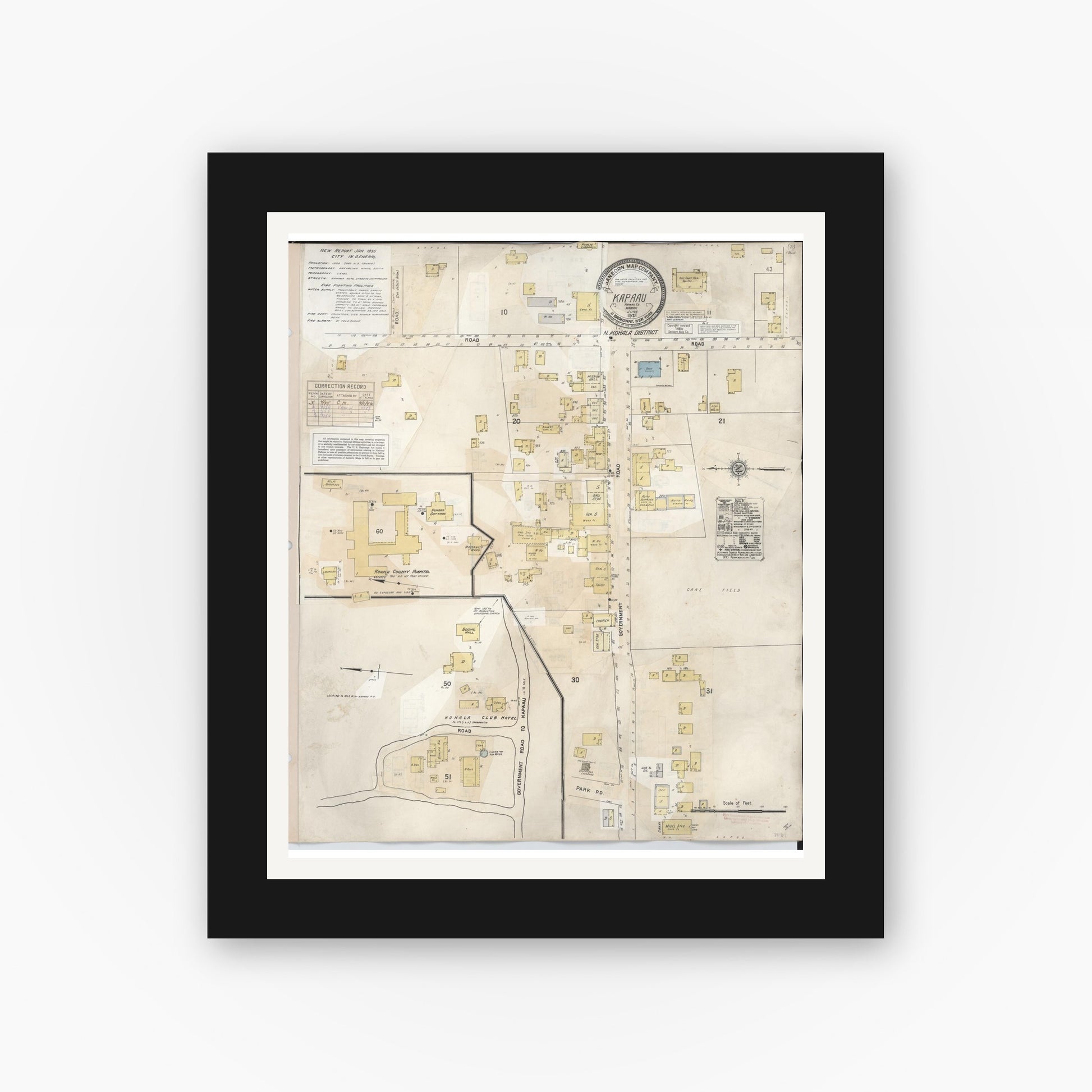 Old map wall art mockup — black gallery frame with white mat — Sanborn Fire Insurance Map from Kapaau, Hawaii County, Hawaii (1956), Sheet #0001