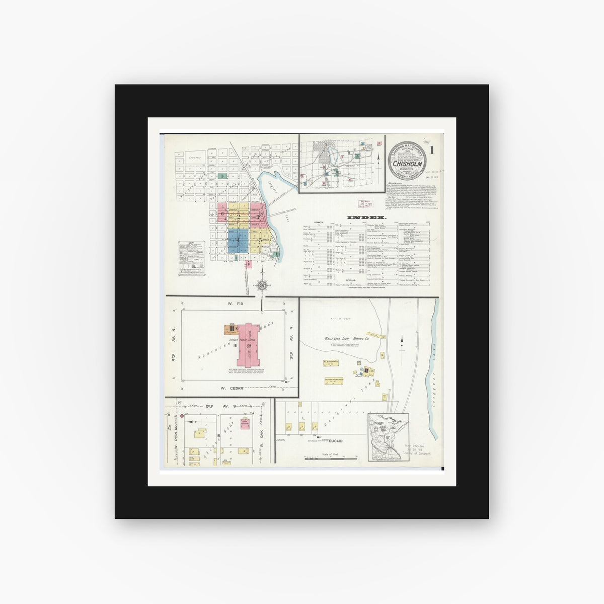Old map wall art mockup — black gallery frame with white mat — Sanborn Fire Insurance Map from Chisholm, Saint Louis County, Minnesota (1912), Sheet #0001