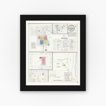 Old map wall art mockup — black gallery frame with white mat — Sanborn Fire Insurance Map from Chisholm, Saint Louis County, Minnesota (1912), Sheet #0001