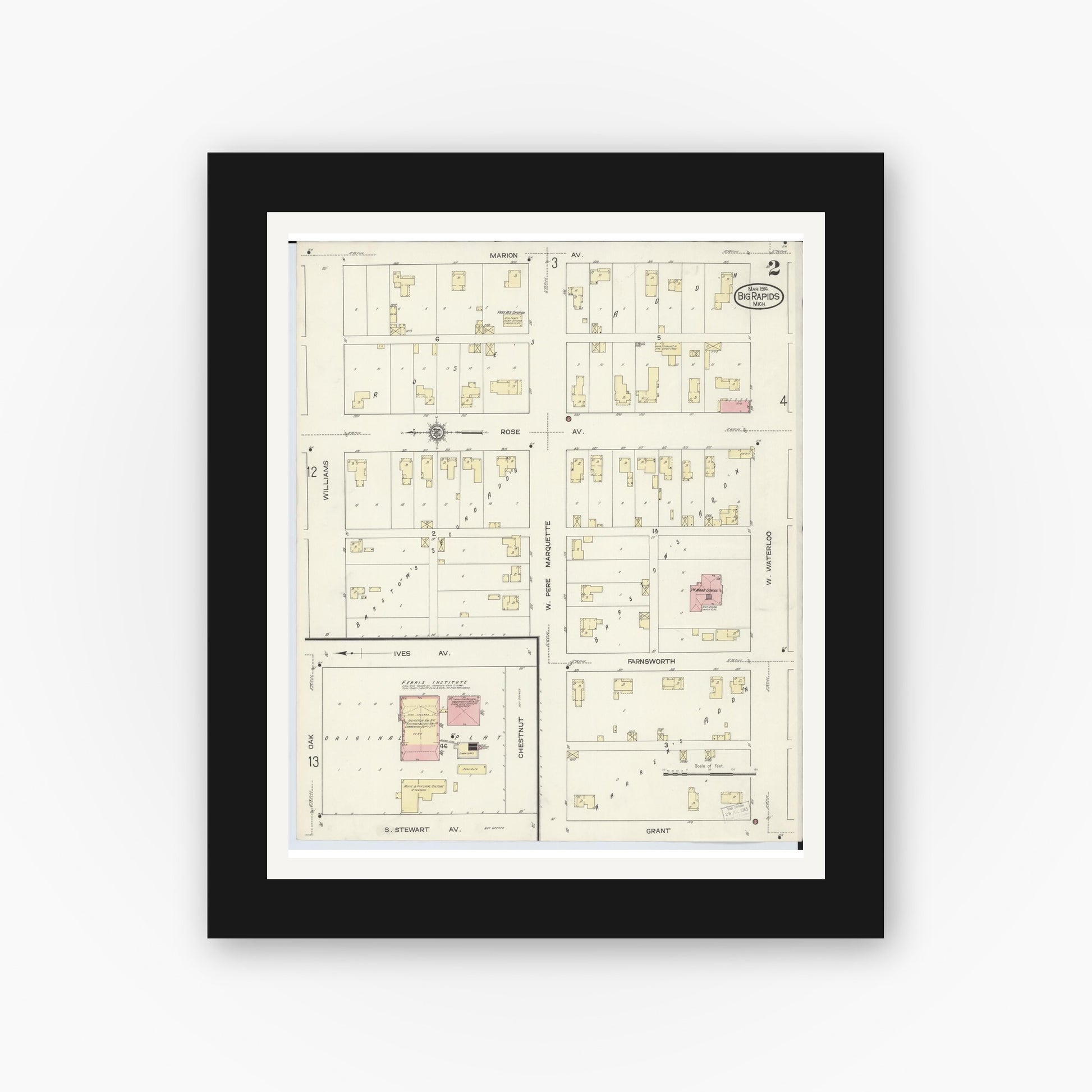 Old map wall art mockup — black gallery frame with white mat — Sanborn Fire Insurance Map from Big Rapids, Mecosta County, Michigan (1914), Sheet #0002