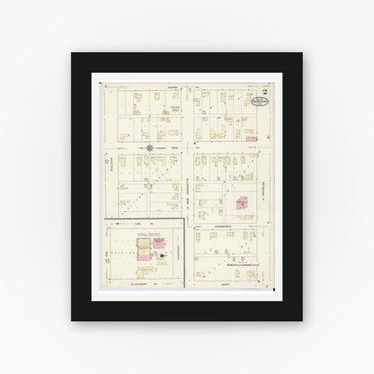 Old map wall art mockup — black gallery frame with white mat — Sanborn Fire Insurance Map from Big Rapids, Mecosta County, Michigan (1914), Sheet #0002