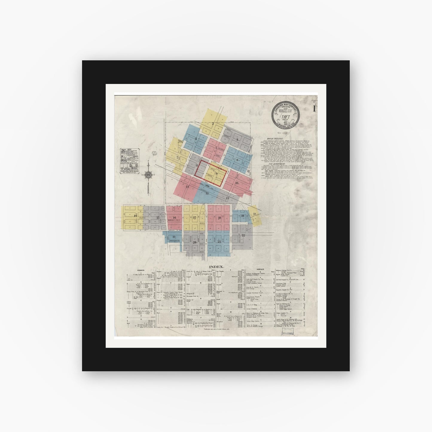 Old map wall art mockup — black gallery frame with white mat — Sanborn Fire Insurance Map from Taft, Kern County, California (1921) - Complete Map Set