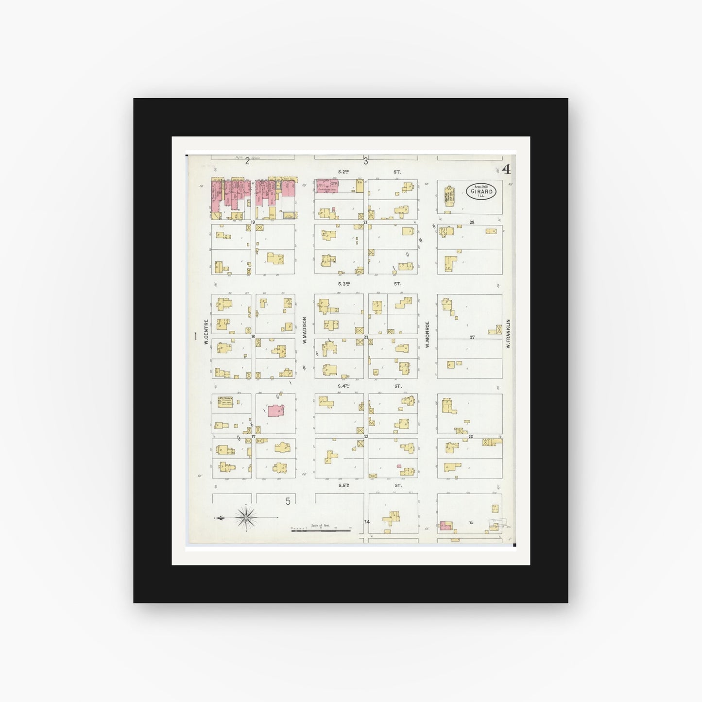 Old map wall art mockup — black gallery frame with white mat — Sanborn Fire Insurance Map from Girard, Macoupin County, Illinois (1900), Sheet #0004