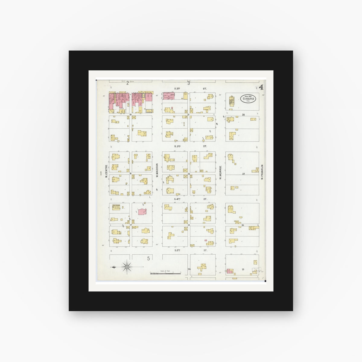 Old map wall art mockup — black gallery frame with white mat — Sanborn Fire Insurance Map from Girard, Macoupin County, Illinois (1900), Sheet #0004