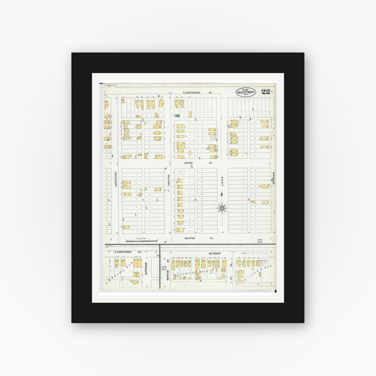 Old map wall art mockup — black gallery frame with white mat — Sanborn Fire Insurance Map from Sault Sainte Marie, Chippewa County, Michigan (1902), Sheet #0022