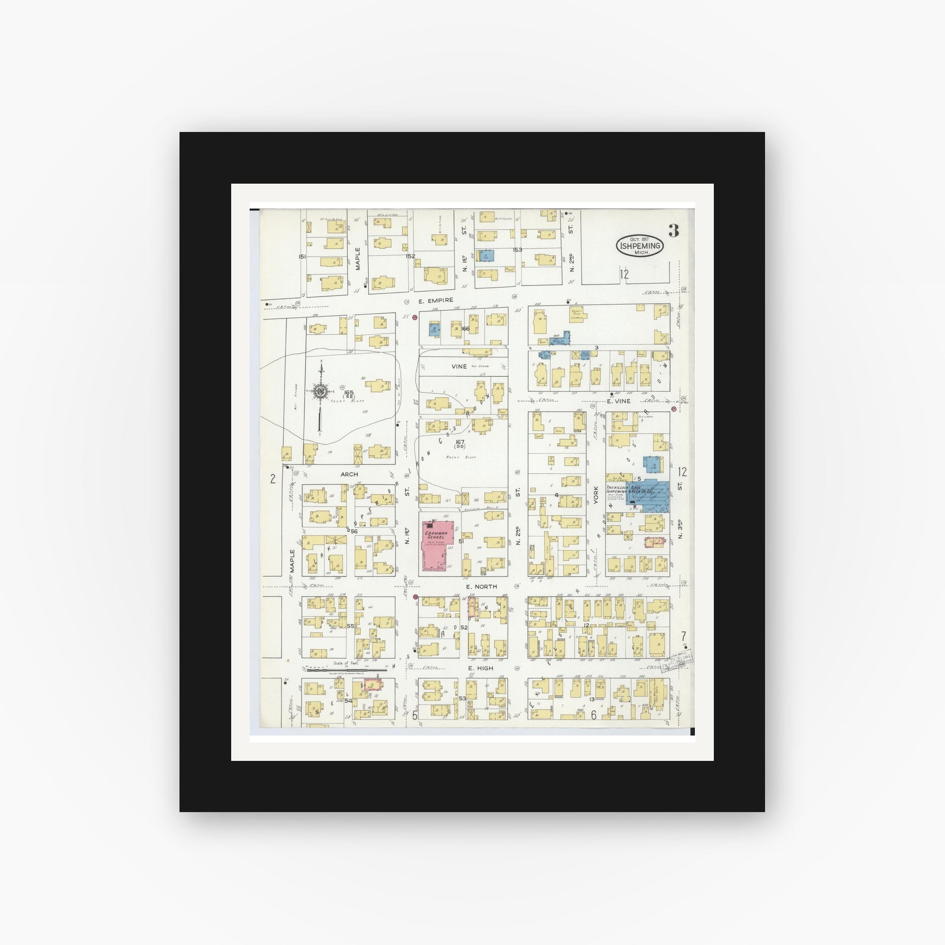 Old map wall art mockup — black gallery frame with white mat — Sanborn Fire Insurance Map from Ishpeming, Marquette County, Michigan (1917), Sheet #0003