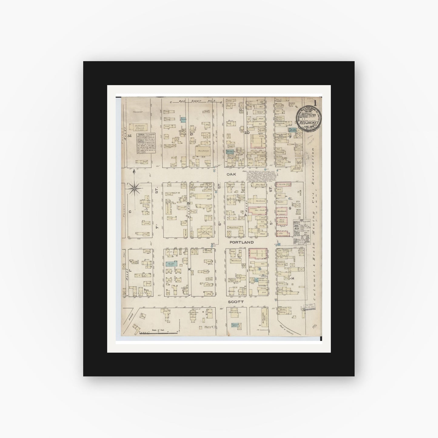 Old map wall art mockup — black gallery frame with white mat — Sanborn Fire Insurance Map from Red Jacket, Houghton County, Michigan (1884) - Complete Map Set