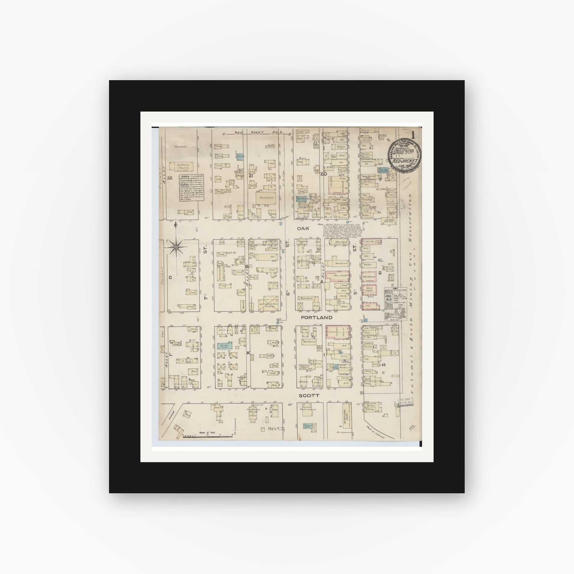 Old map wall art mockup — black gallery frame with white mat — Sanborn Fire Insurance Map from Red Jacket, Houghton County, Michigan (1884) - Complete Map Set