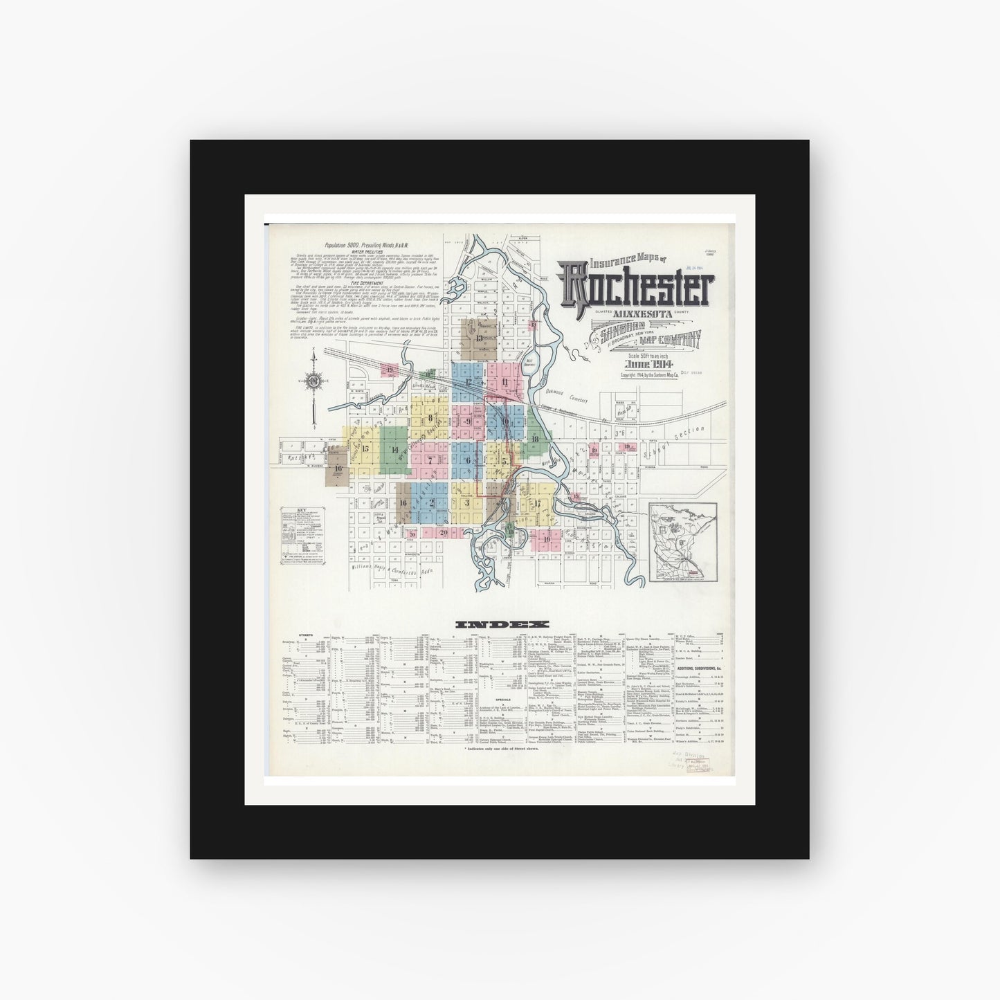 Old map wall art mockup — black gallery frame with white mat — Sanborn Fire Insurance Map from Rochester, Olmsted County, Minnesota (1914), Sheet #0001