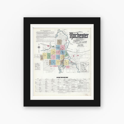 Old map wall art mockup — black gallery frame with white mat — Sanborn Fire Insurance Map from Rochester, Olmsted County, Minnesota (1914), Sheet #0001