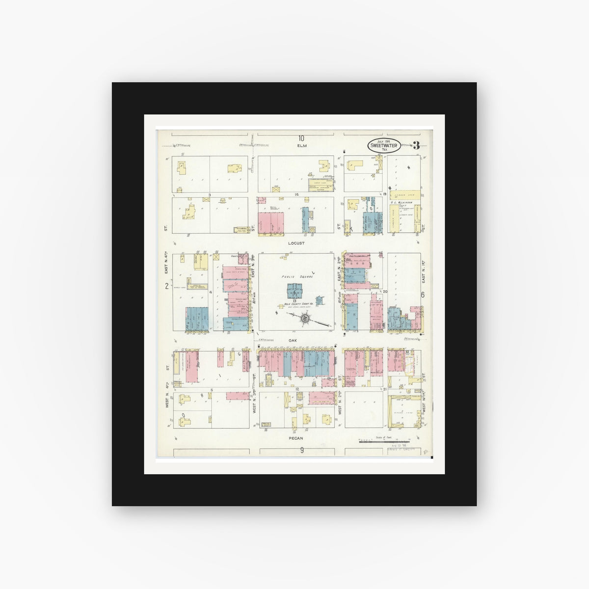 Old map wall art mockup — black gallery frame with white mat — Sanborn Fire Insurance Map from Sweetwater, Nolan County, Texas (1914), Sheet #0003