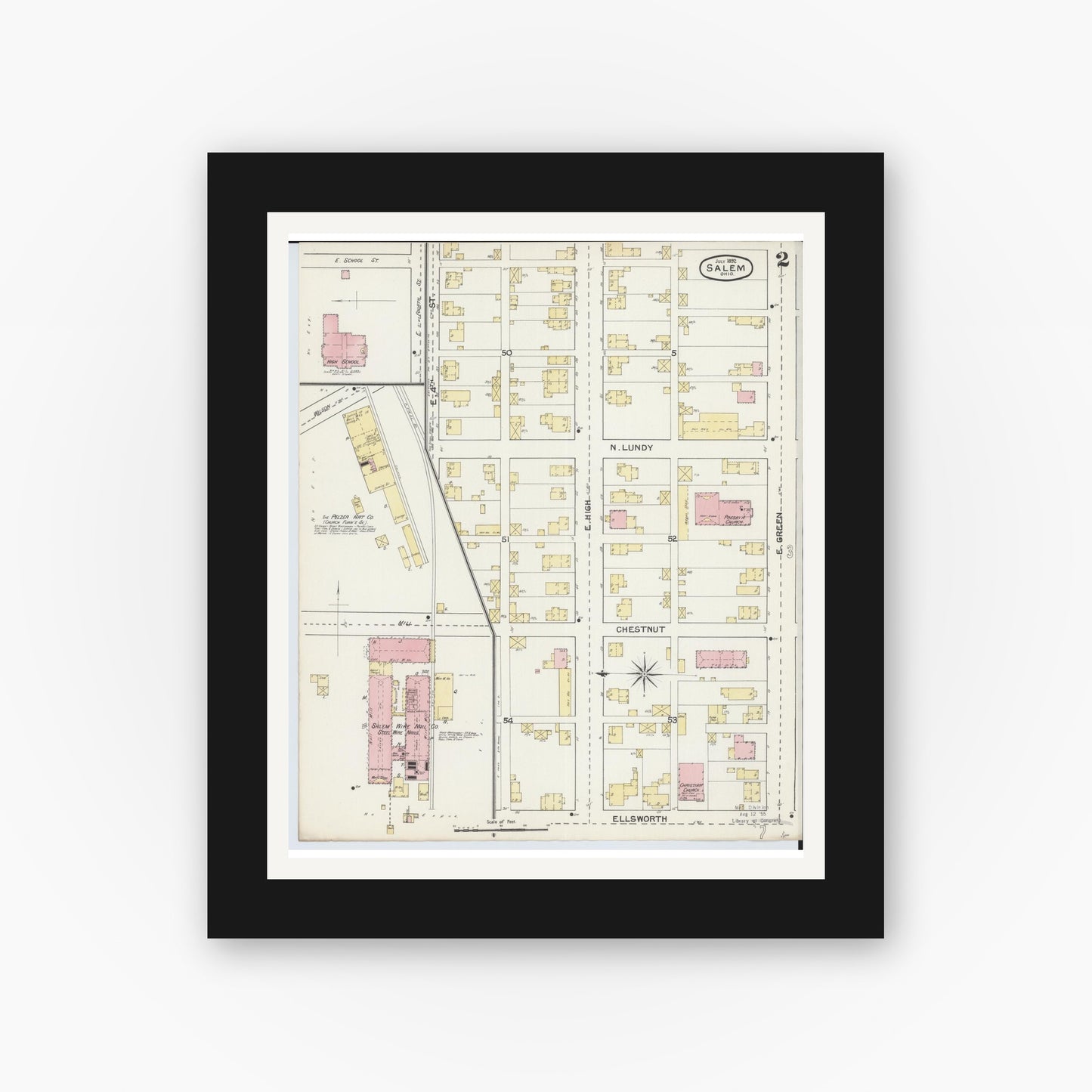 Old map wall art mockup — black gallery frame with white mat — Sanborn Fire Insurance Map from Salem, Columbiana County, Ohio (1892), Sheet #0002
