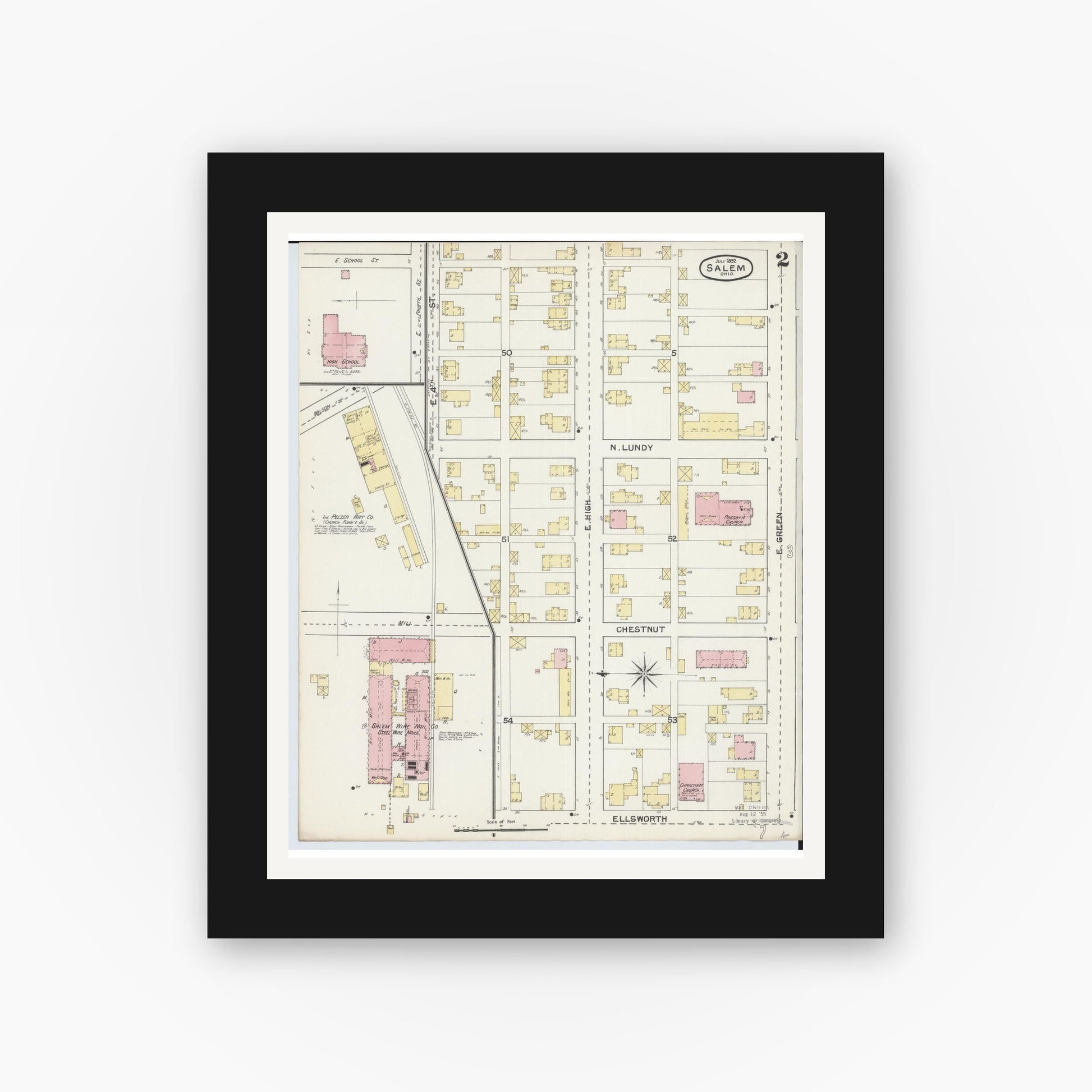 Old map wall art mockup — black gallery frame with white mat — Sanborn Fire Insurance Map from Salem, Columbiana County, Ohio (1892), Sheet #0002