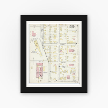 Old map wall art mockup — black gallery frame with white mat — Sanborn Fire Insurance Map from Salem, Columbiana County, Ohio (1892), Sheet #0002