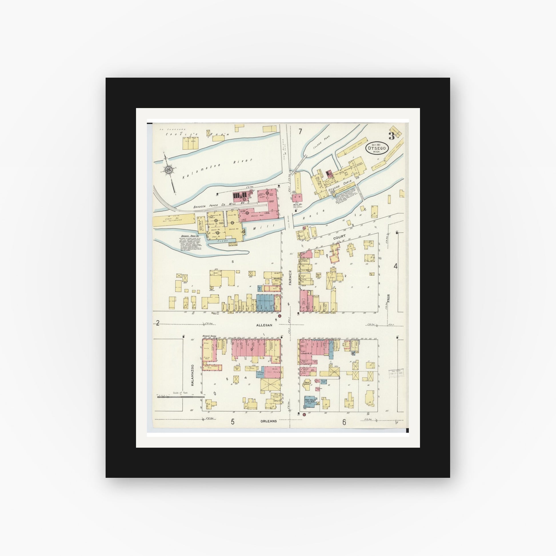 Old map wall art mockup — black gallery frame with white mat — Sanborn Fire Insurance Map from Otsego, Allegan County, Michigan (1911), Sheet #0003