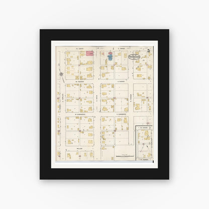 Old map wall art mockup — black gallery frame with white mat — Sanborn Fire Insurance Map from Brownstown, Jackson County, Indiana (1933), Sheet #0005