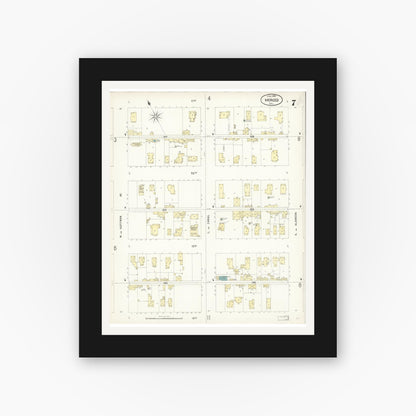Old map wall art mockup — black gallery frame with white mat — Sanborn Fire Insurance Map from Merced, Merced County, California (1898), Sheet #0007