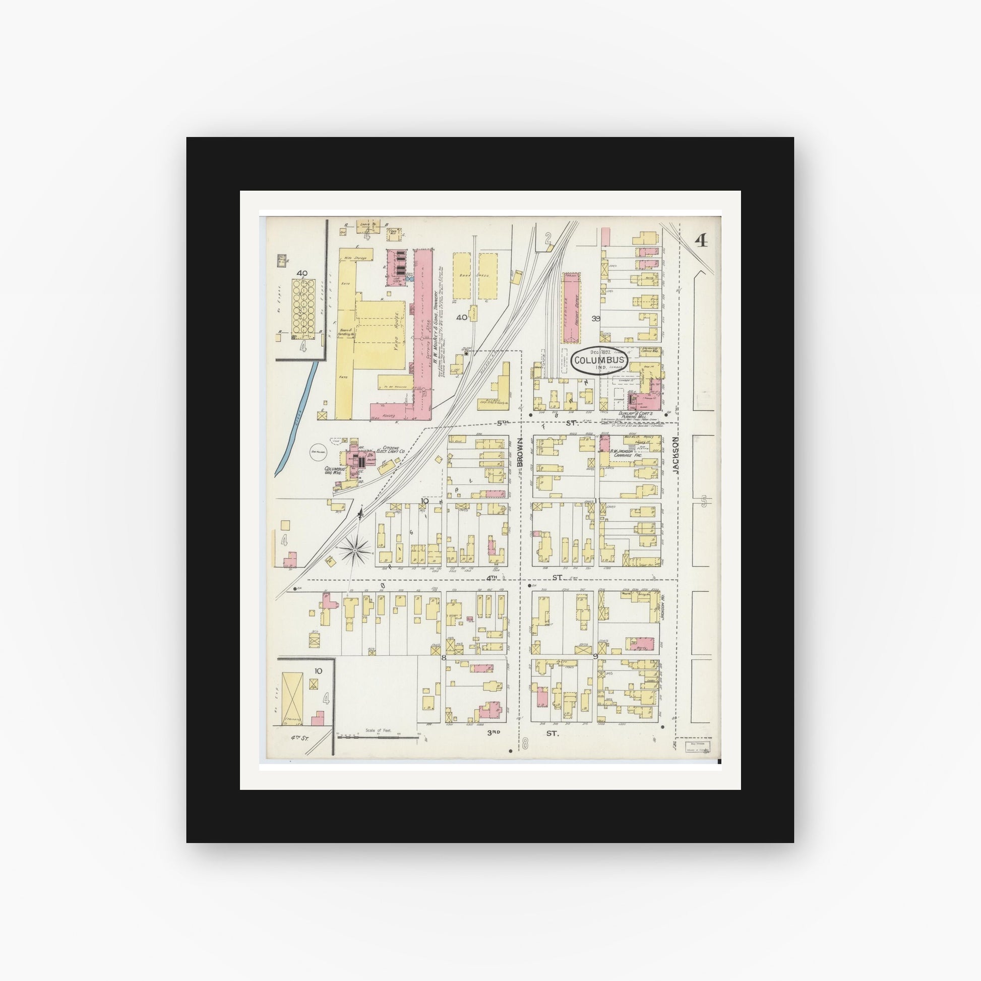 Old map wall art mockup — black gallery frame with white mat — Sanborn Fire Insurance Map from Columbus, Bartholomew County, Indiana (1892), Sheet #0004