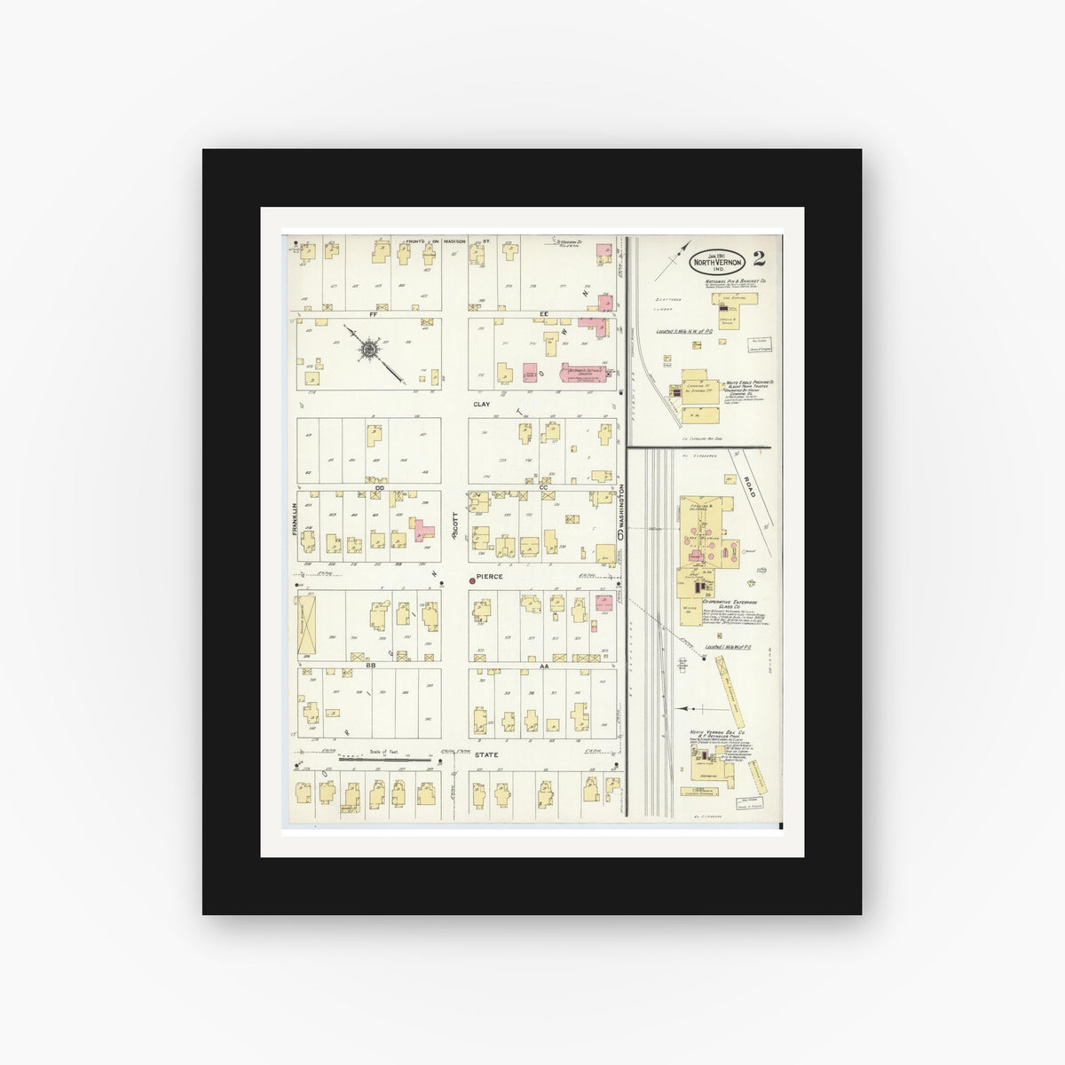 Old map wall art mockup — black gallery frame with white mat — Sanborn Fire Insurance Map from North Vernon, Jennings County, Indiana (1911), Sheet #0002