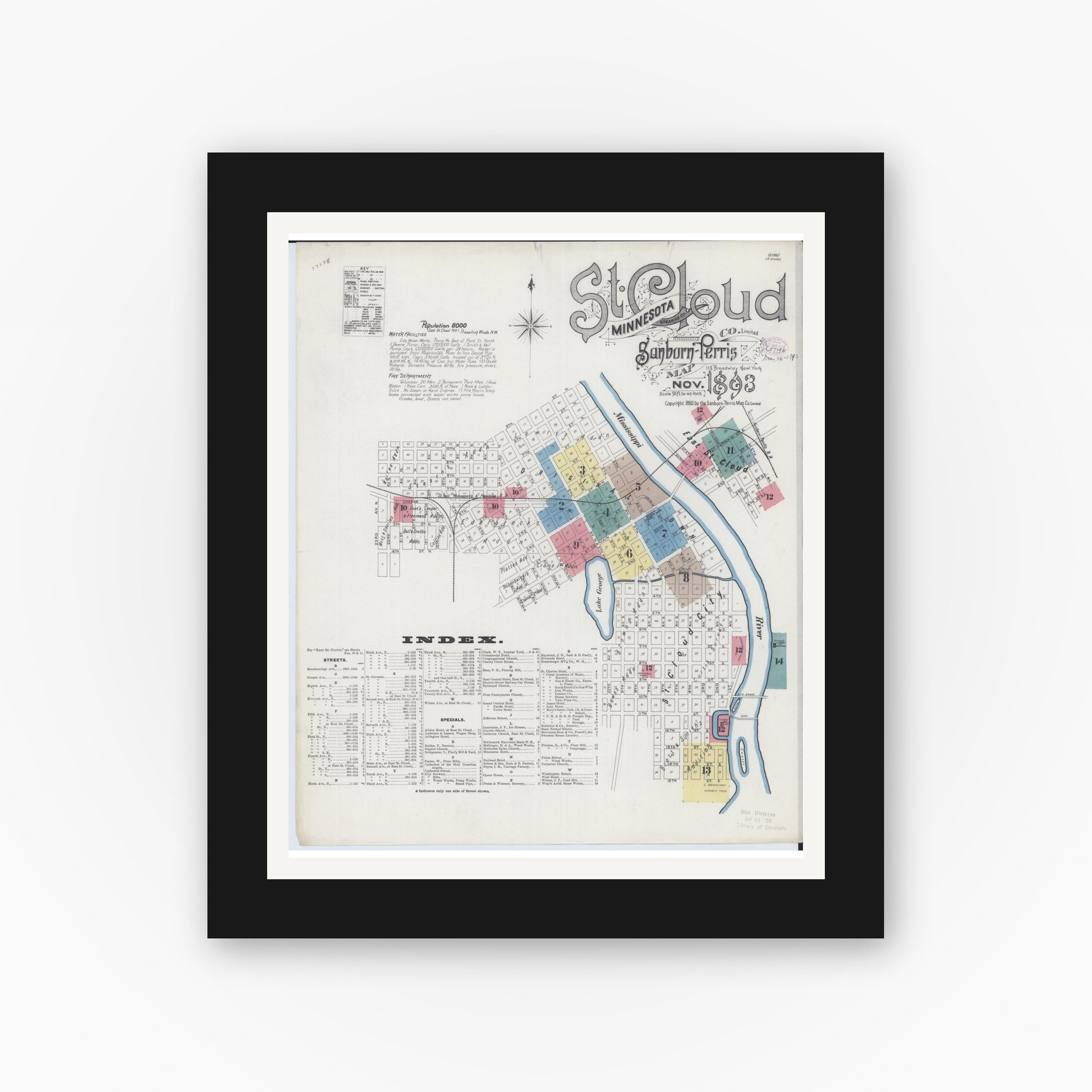 Old map wall art mockup — black gallery frame with white mat — Sanborn Fire Insurance Map from Saint Cloud, Stearns, Benton, and Sherburne Counties, Minnesota (1893) - Complete Map Set