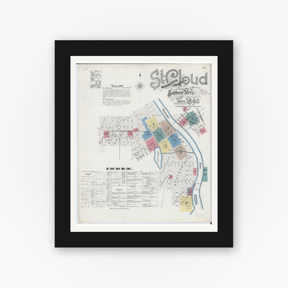 Old map wall art mockup — black gallery frame with white mat — Sanborn Fire Insurance Map from Saint Cloud, Stearns, Benton, and Sherburne Counties, Minnesota (1893) - Complete Map Set
