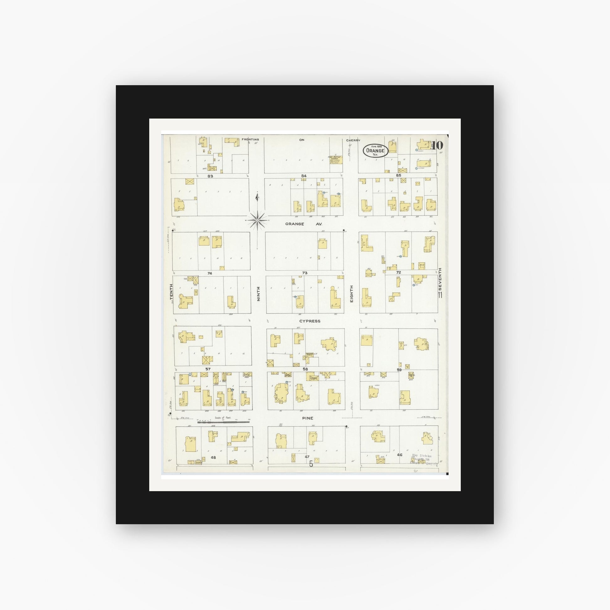 Old map wall art mockup — black gallery frame with white mat — Sanborn Fire Insurance Map from Orange, Orange County, Texas (1909), Sheet #0010