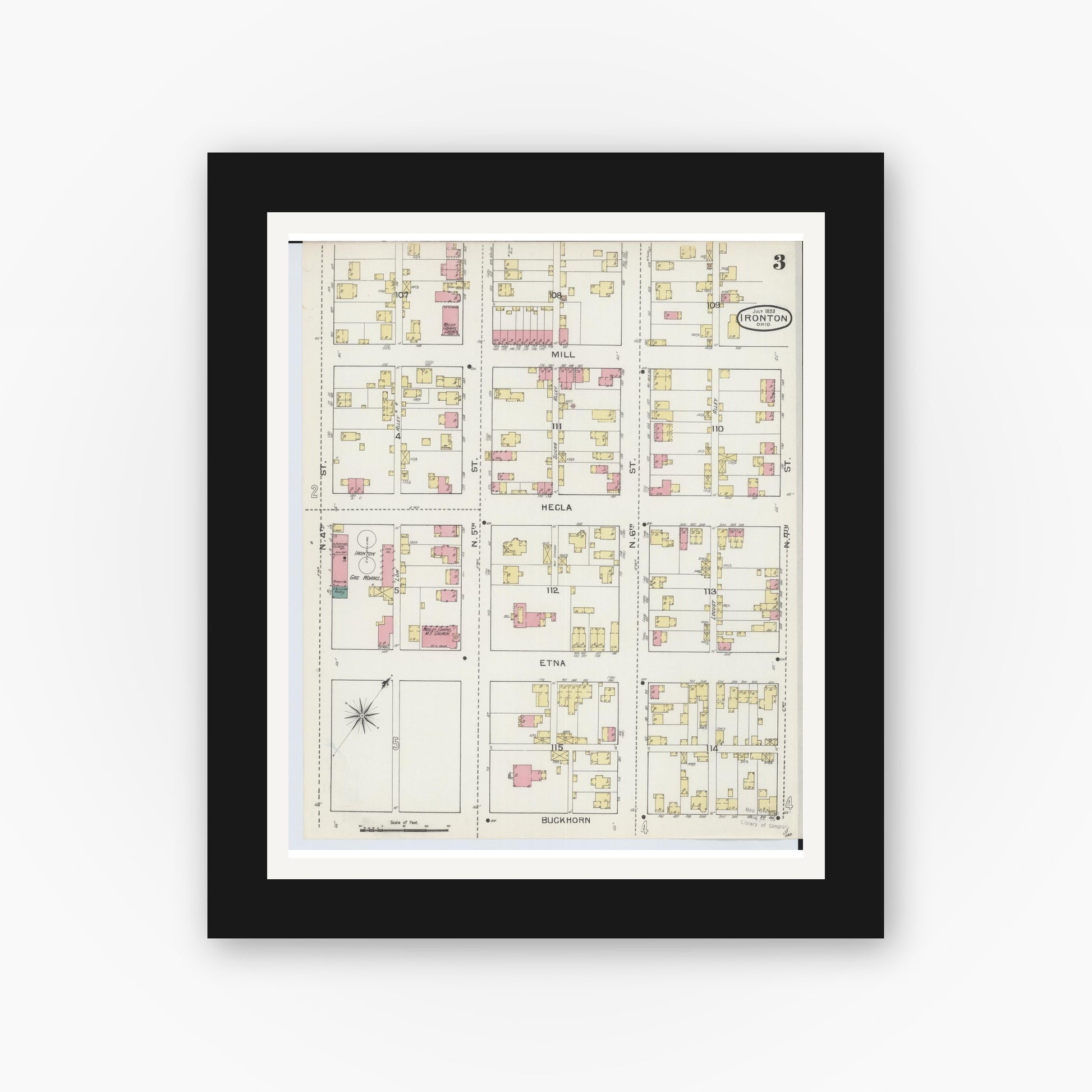 Old map wall art mockup — black gallery frame with white mat — Sanborn Fire Insurance Map from Ironton, Lawrence County, Ohio (1893), Sheet #0003