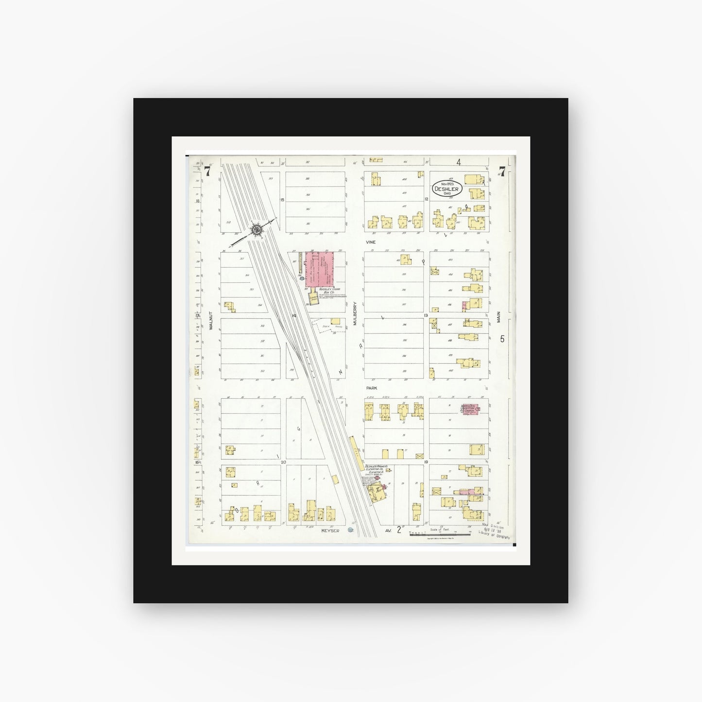Old map wall art mockup — black gallery frame with white mat — Sanborn Fire Insurance Map from Deshler, Henry County, Ohio (1923), Sheet #0007