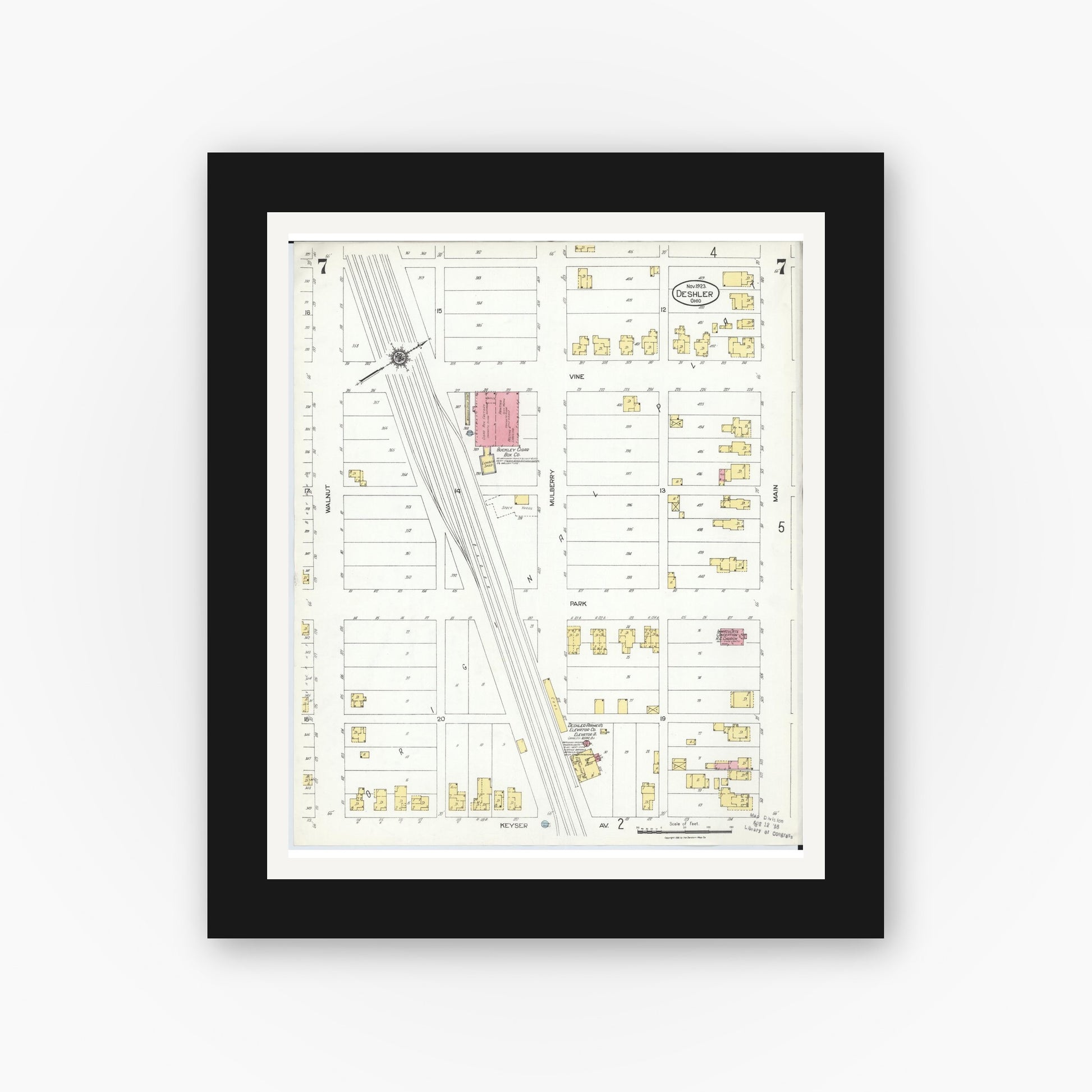 Old map wall art mockup — black gallery frame with white mat — Sanborn Fire Insurance Map from Deshler, Henry County, Ohio (1923), Sheet #0007