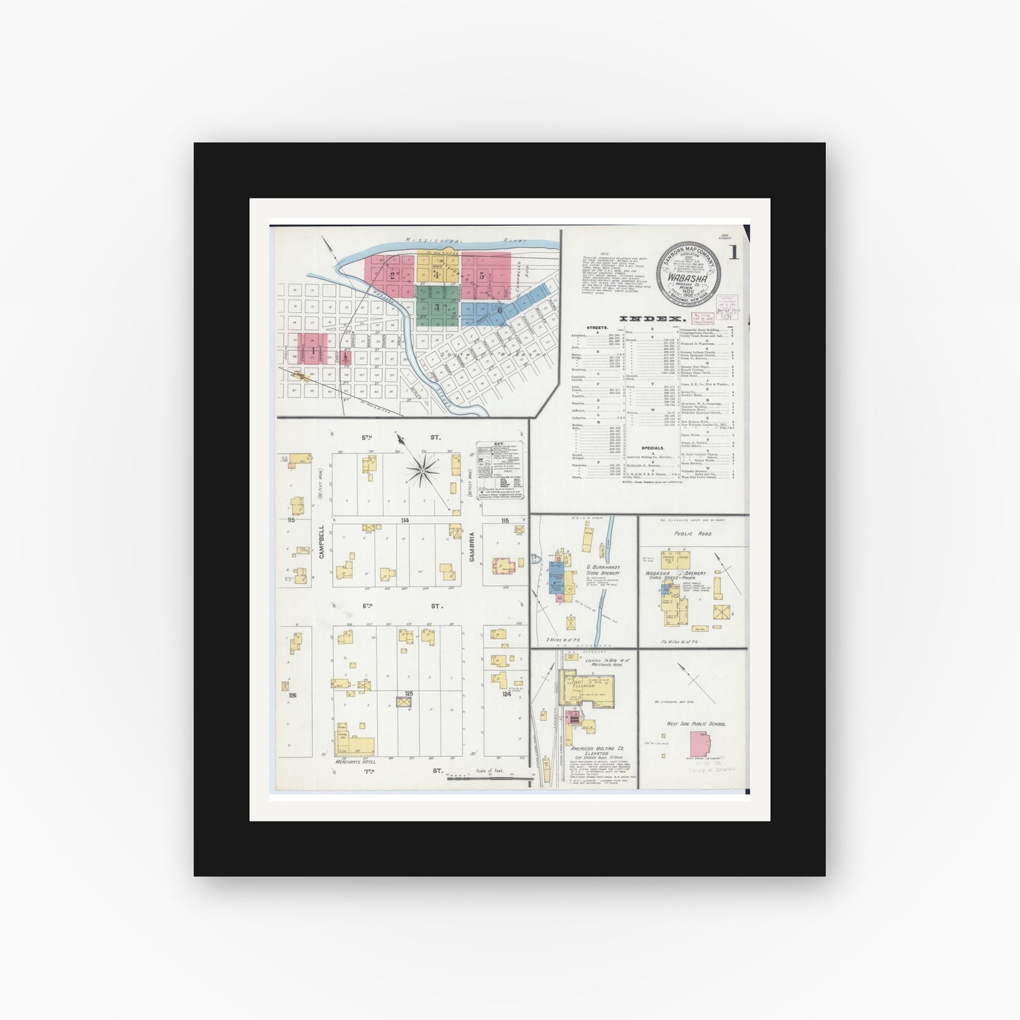 Old map wall art mockup — black gallery frame with white mat — Sanborn Fire Insurance Map from Wabasha, Wabasha County, Minnesota (1902) - Complete Map Set
