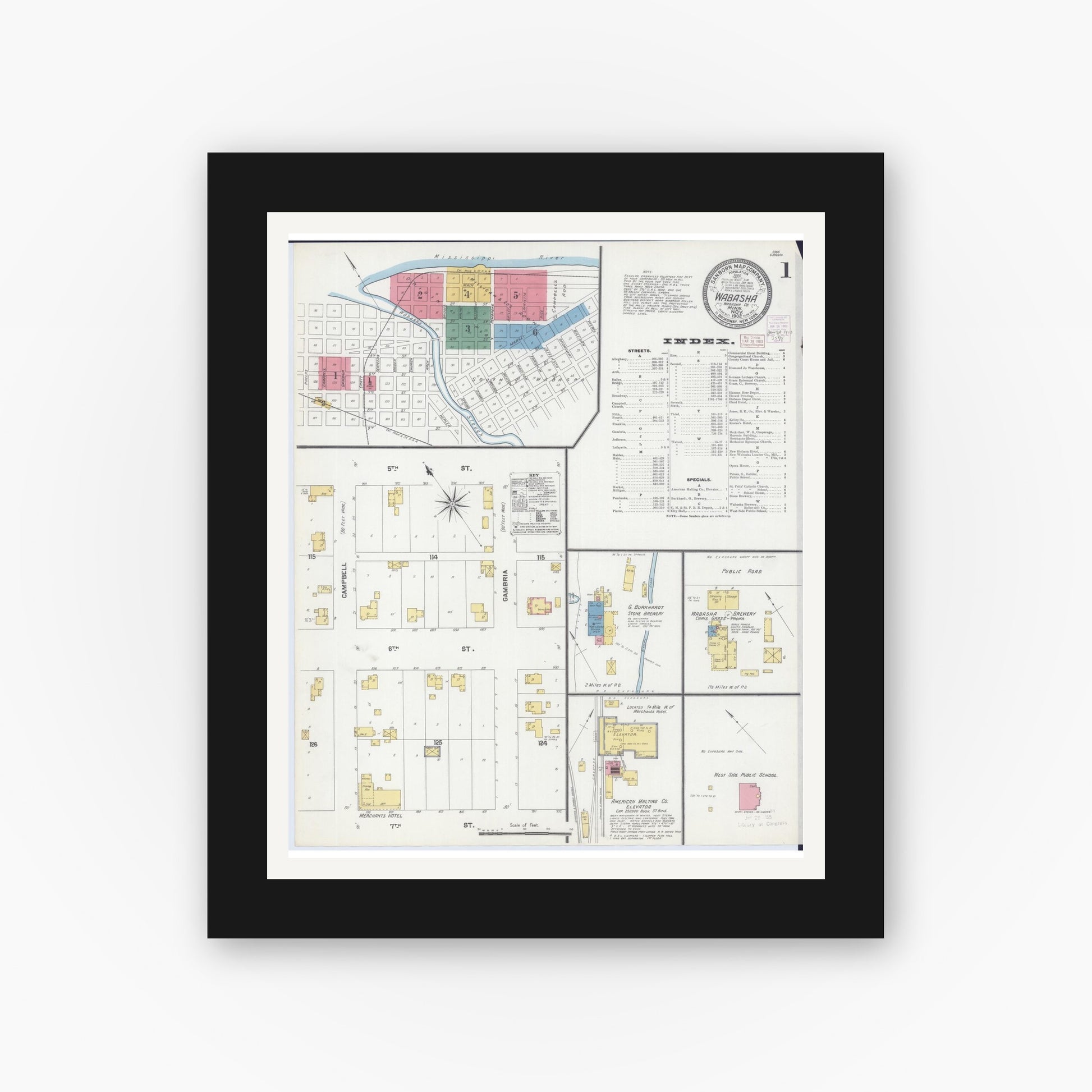 Old map wall art mockup — black gallery frame with white mat — Sanborn Fire Insurance Map from Wabasha, Wabasha County, Minnesota (1902) - Complete Map Set