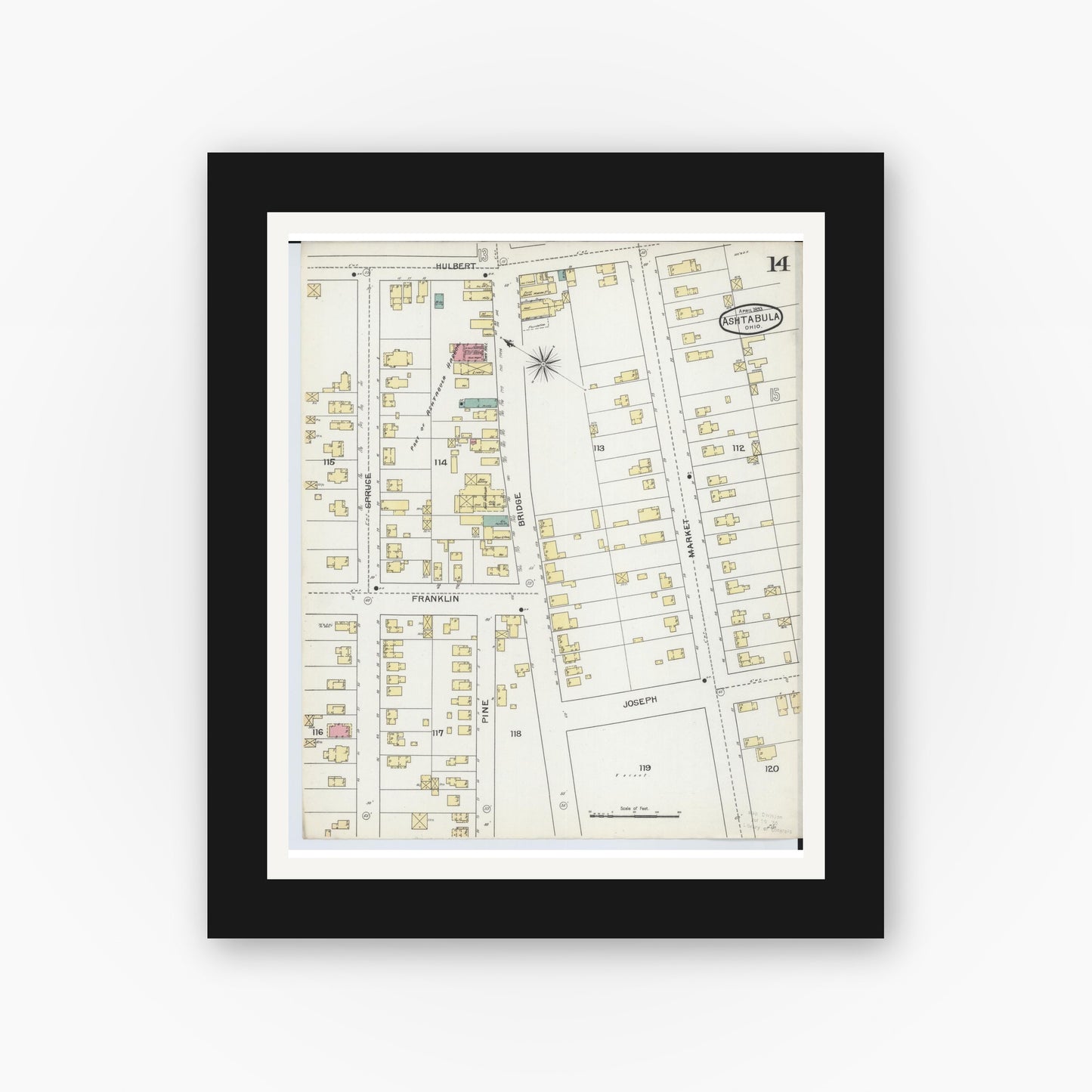 Old map wall art mockup — black gallery frame with white mat — Sanborn Fire Insurance Map from Ashtabula, Ashtabula County, Ohio (1893), Sheet #0014