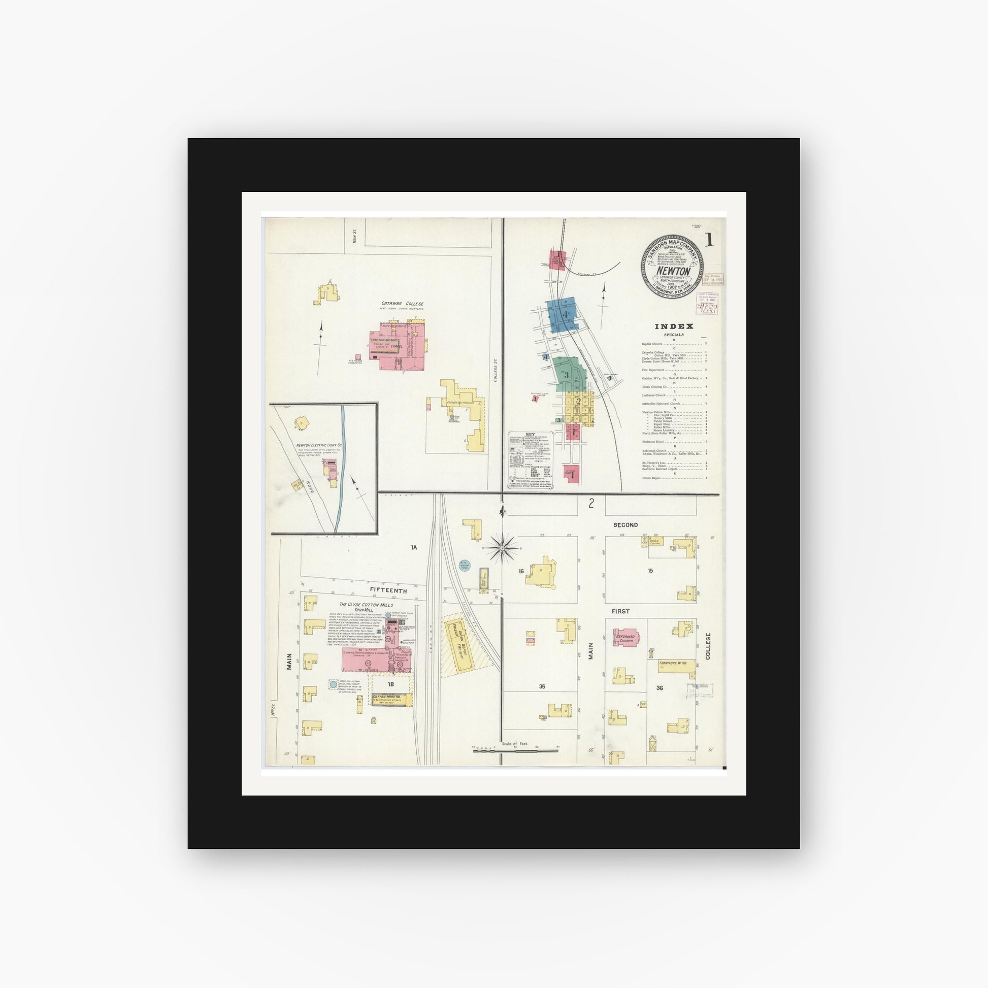Old map wall art mockup — black gallery frame with white mat — Sanborn Fire Insurance Map from Newton, Catawba County, North Carolina (1907), Sheet #0001