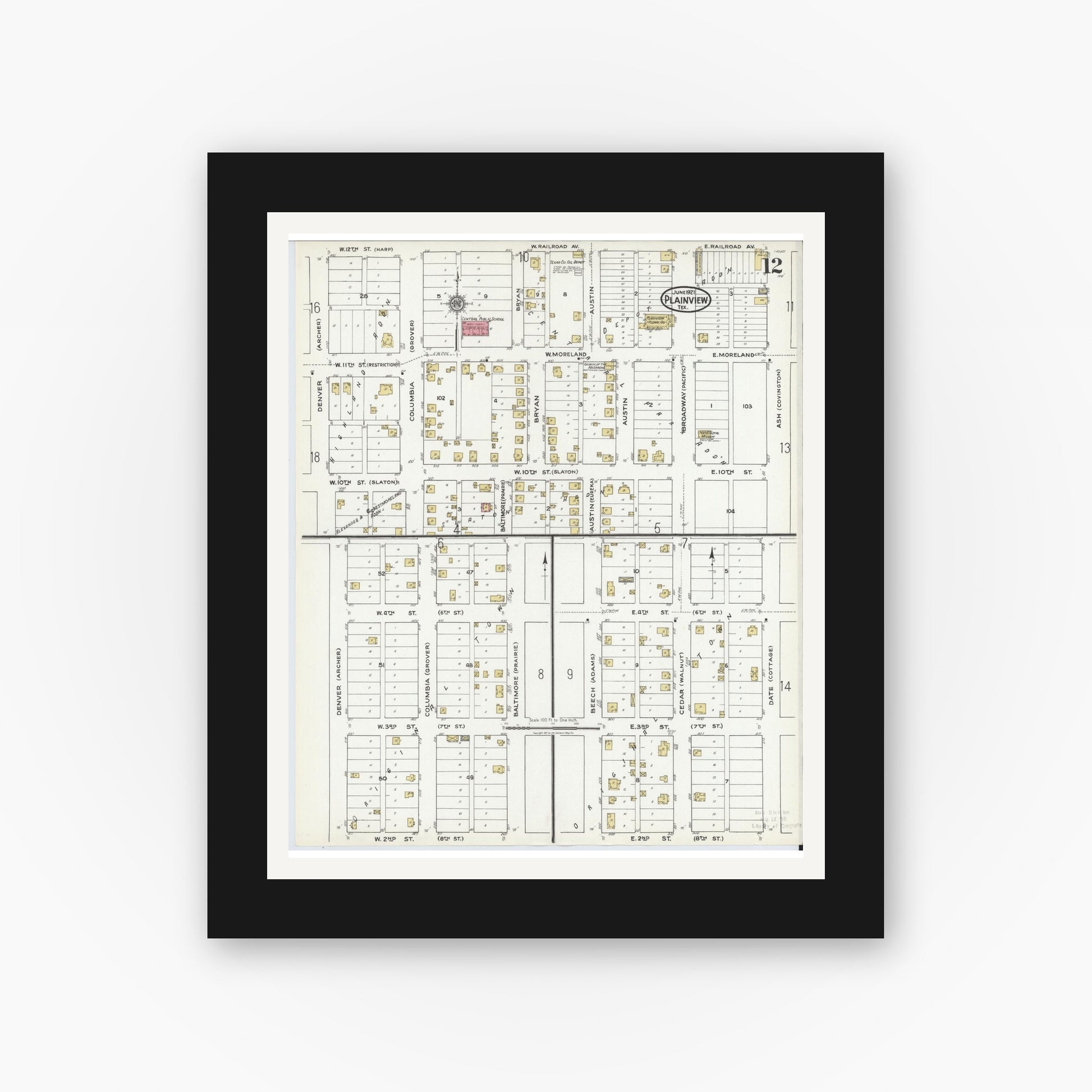 Old map wall art mockup — black gallery frame with white mat — Sanborn Fire Insurance Map from Plainview, Hale County, Texas (1921), Sheet #0012