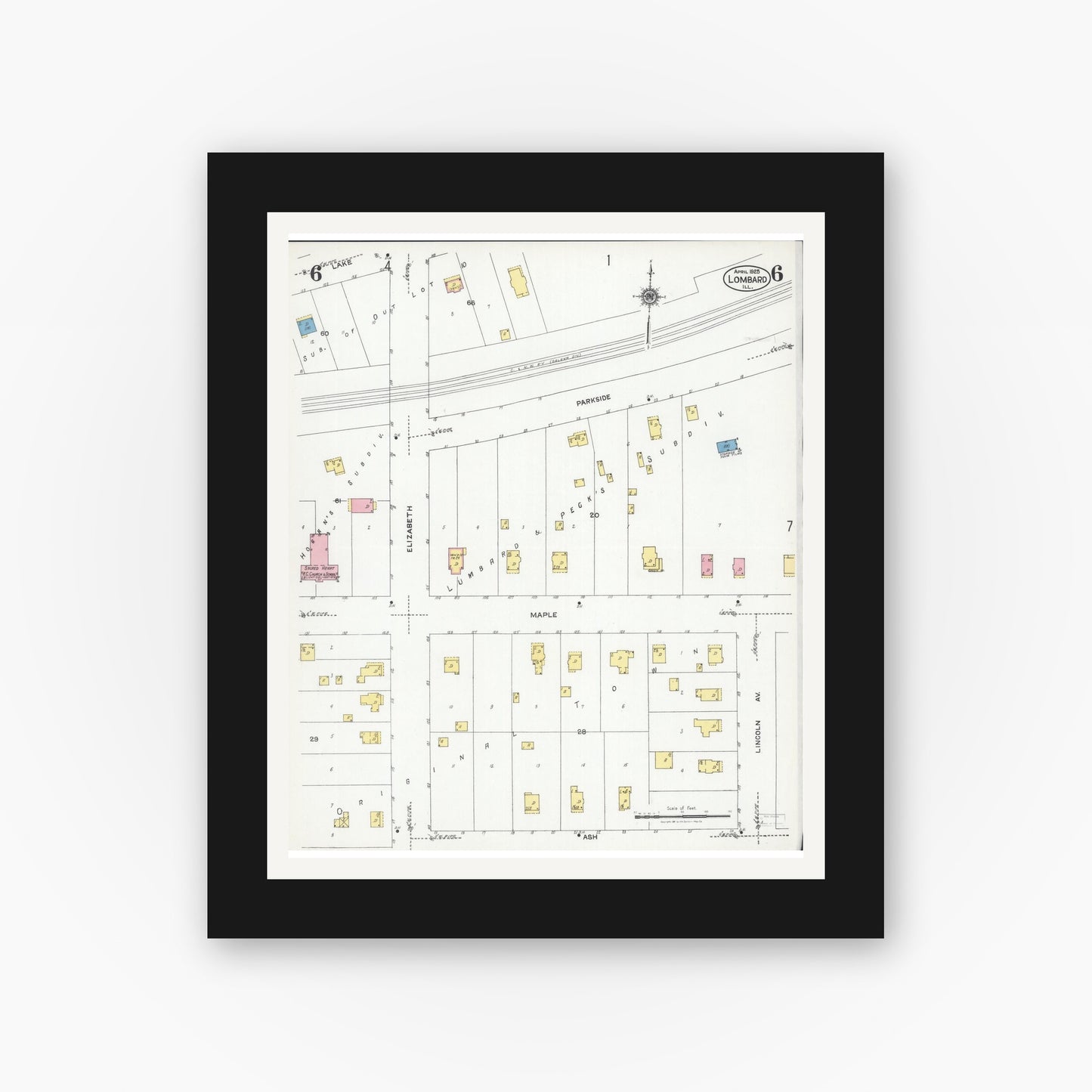 Old map wall art mockup — black gallery frame with white mat — Sanborn Fire Insurance Map from Lombard, Du Page County, Illinois (1925), Sheet #0006
