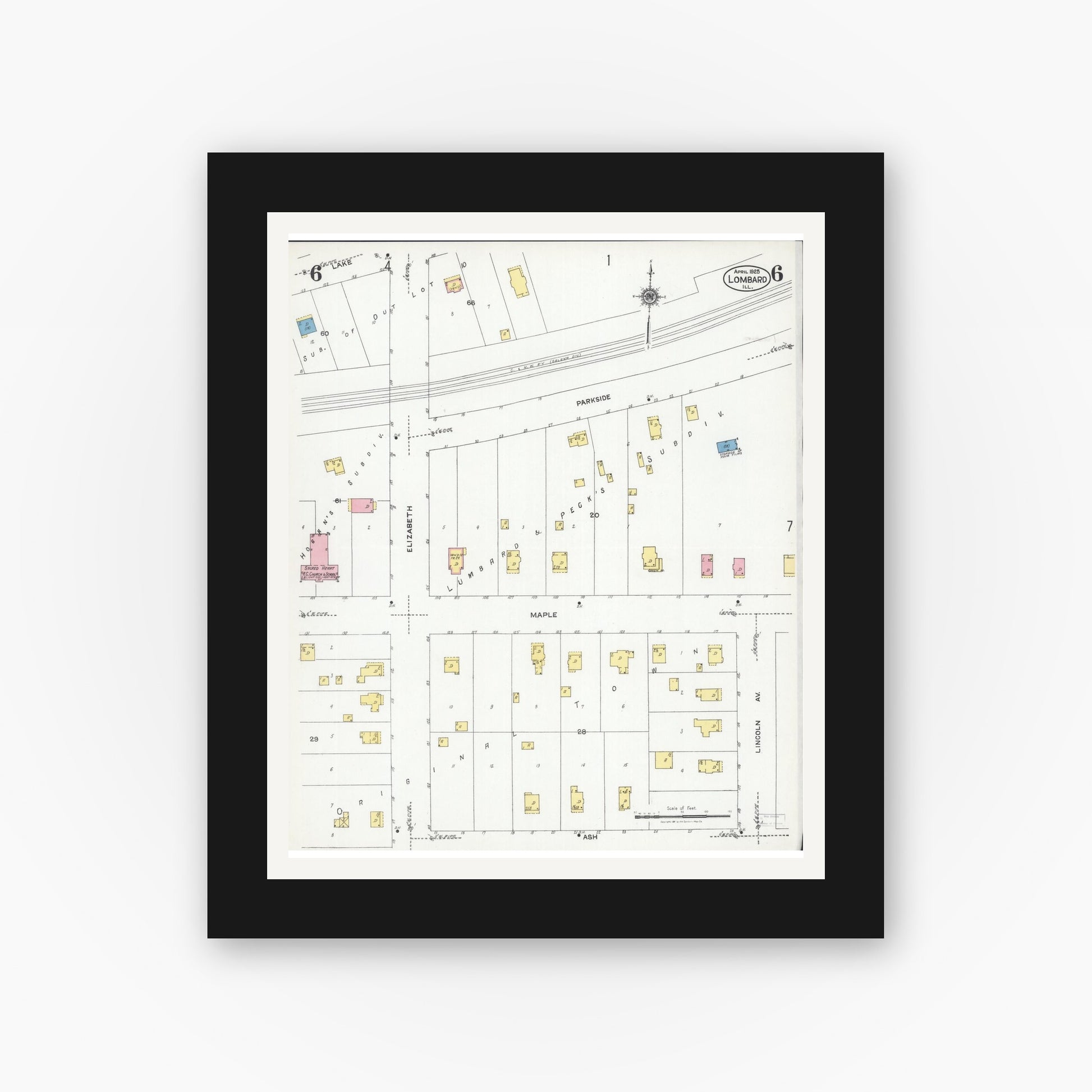 Old map wall art mockup — black gallery frame with white mat — Sanborn Fire Insurance Map from Lombard, Du Page County, Illinois (1925), Sheet #0006