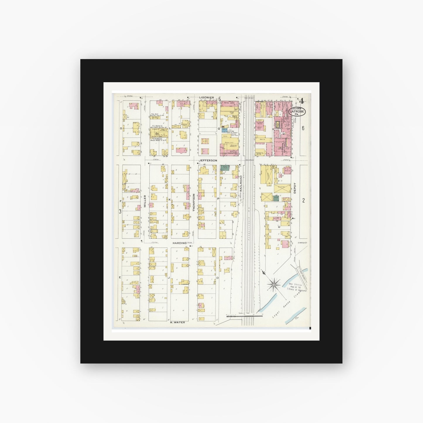 Old map wall art mockup — black gallery frame with white mat — Sanborn Fire Insurance Map from Latrobe, Westmoreland County, Pennsylvania (1909), Sheet #0004
