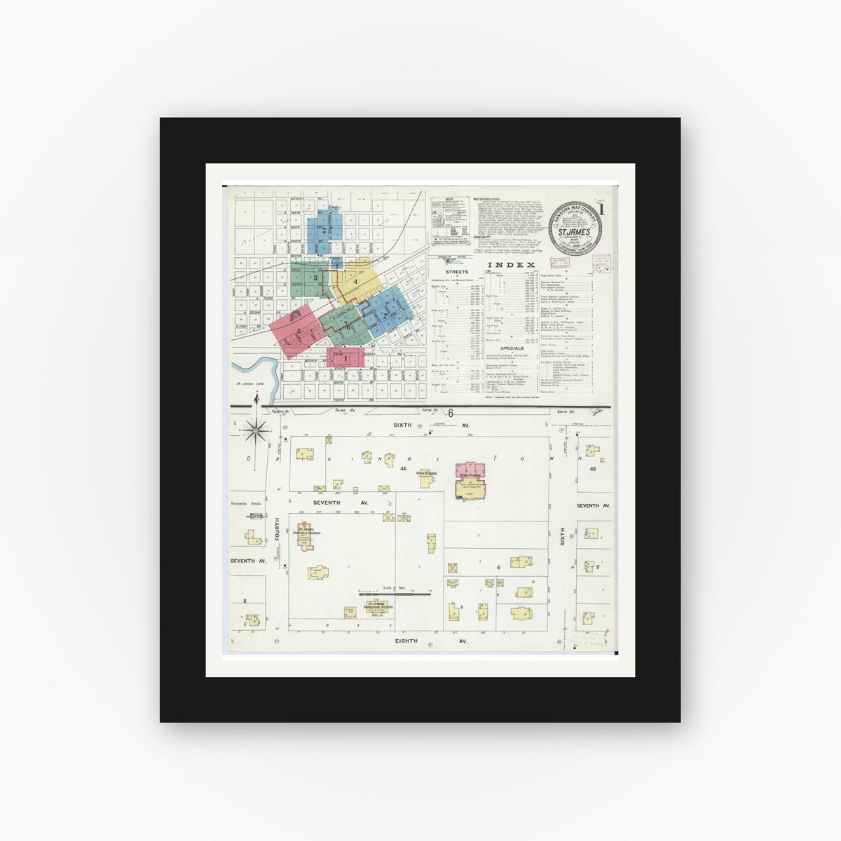 Old map wall art mockup — black gallery frame with white mat — Sanborn Fire Insurance Map from Saint James, Watonwan County, Minnesota (1908), Sheet #0001