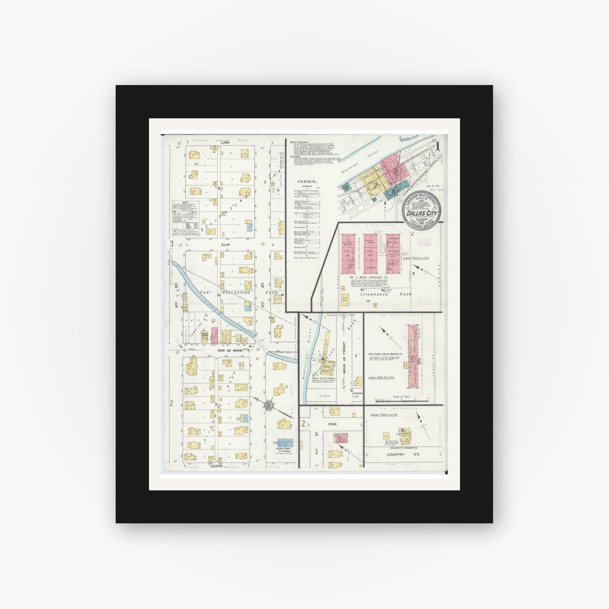 Old map wall art mockup — black gallery frame with white mat — Sanborn Fire Insurance Map from Dallas City, Hancock County, Illinois (1912) - Complete Map Set