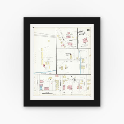 Old map wall art mockup — black gallery frame with white mat — Sanborn Fire Insurance Map from Ottumwa, Wapello County, Iowa (1891), Sheet #0012
