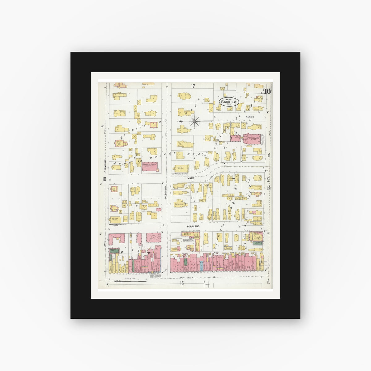 Old map wall art mockup — black gallery frame with white mat — Sanborn Fire Insurance Map from Fond du Lac, Fond du Lac County, Wisconsin (1902), Sheet #0016