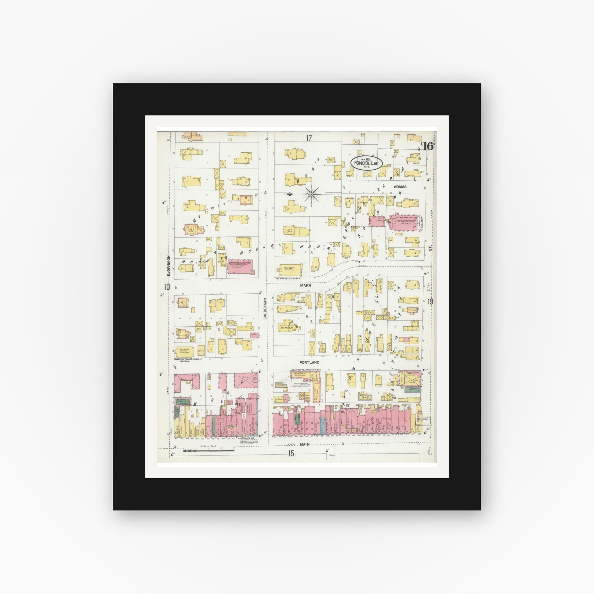 Old map wall art mockup — black gallery frame with white mat — Sanborn Fire Insurance Map from Fond du Lac, Fond du Lac County, Wisconsin (1902), Sheet #0016