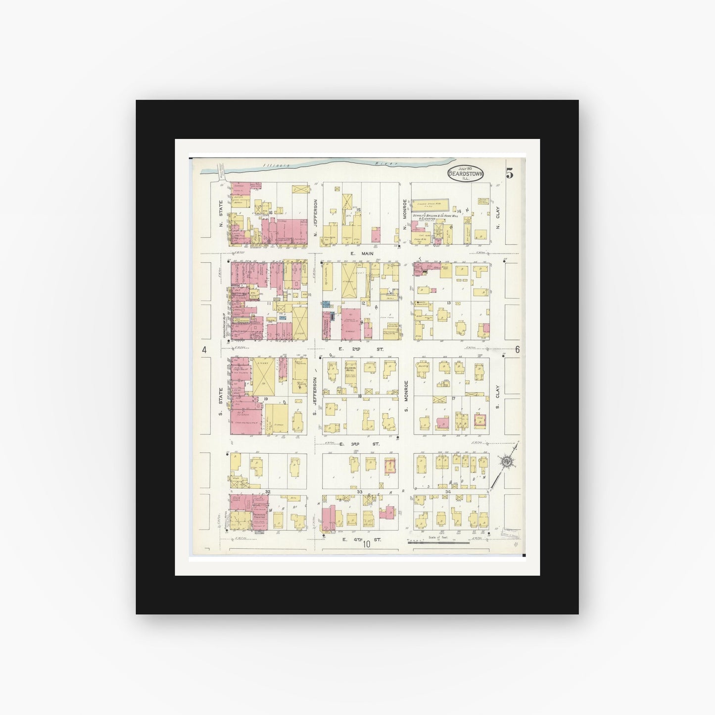 Old map wall art mockup — black gallery frame with white mat — Sanborn Fire Insurance Map from Beardstown, Cass County, Illinois (1913), Sheet #0005