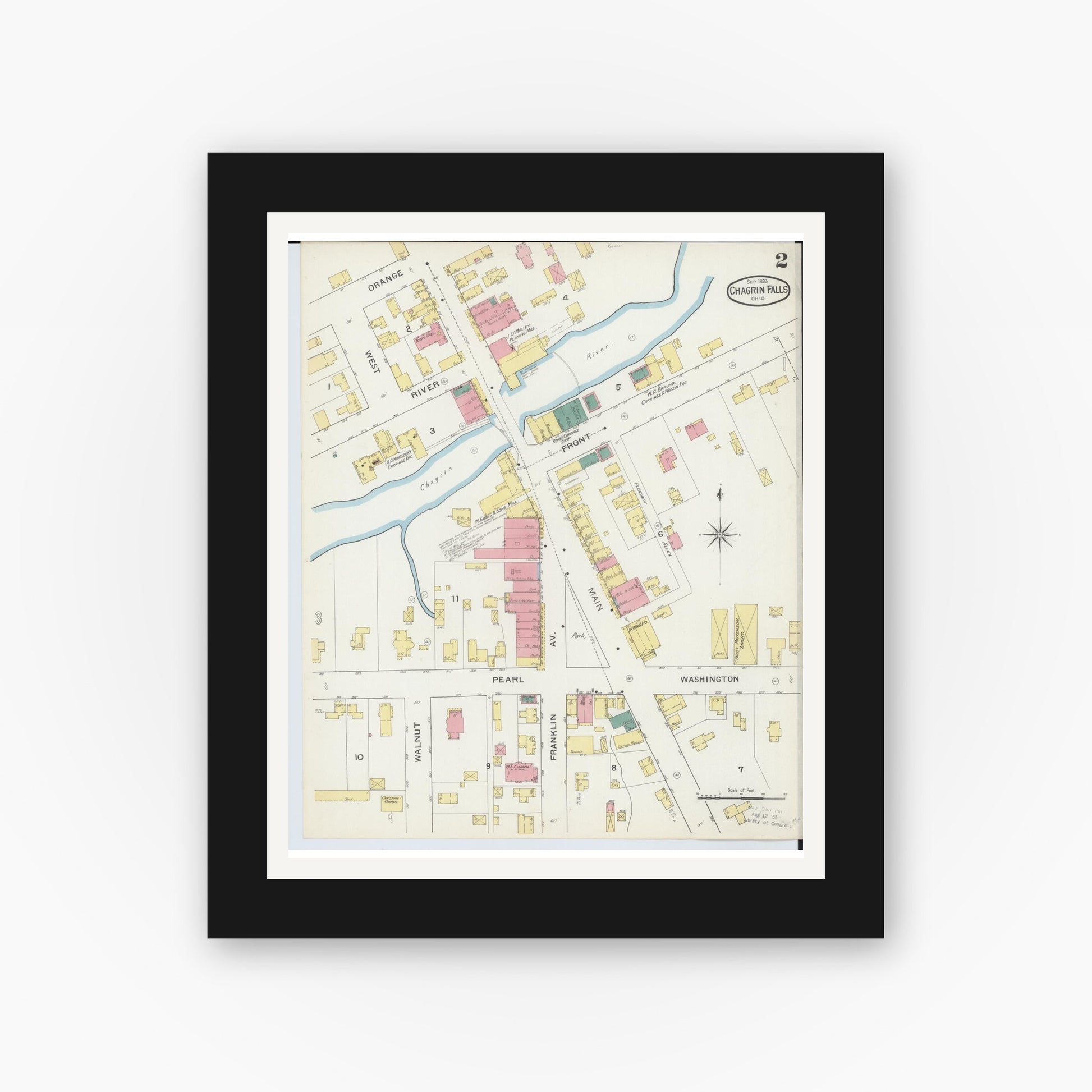 Old map wall art mockup — black gallery frame with white mat — Sanborn Fire Insurance Map from Chagrin Falls, Cuyahoga County, Ohio (1893), Sheet #0002