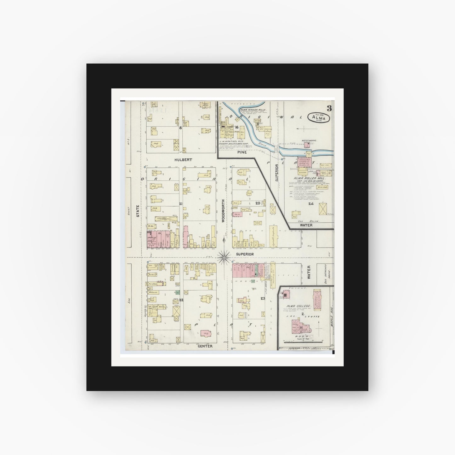 Old map wall art mockup — black gallery frame with white mat — Sanborn Fire Insurance Map from Alma, Gratiot County, Michigan (1890), Sheet #0003