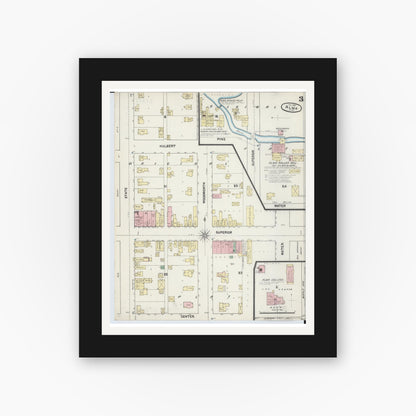 Old map wall art mockup — black gallery frame with white mat — Sanborn Fire Insurance Map from Alma, Gratiot County, Michigan (1890), Sheet #0003
