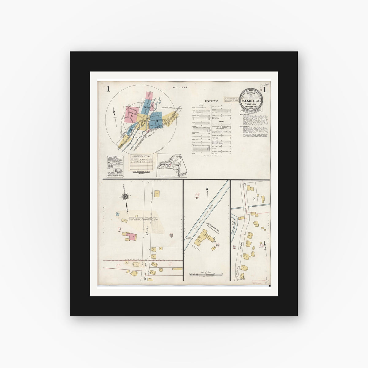 Old map wall art mockup — black gallery frame with white mat — Sanborn Fire Insurance Map from Camillus, Onondaga County, New York (1940) - Complete Map Set