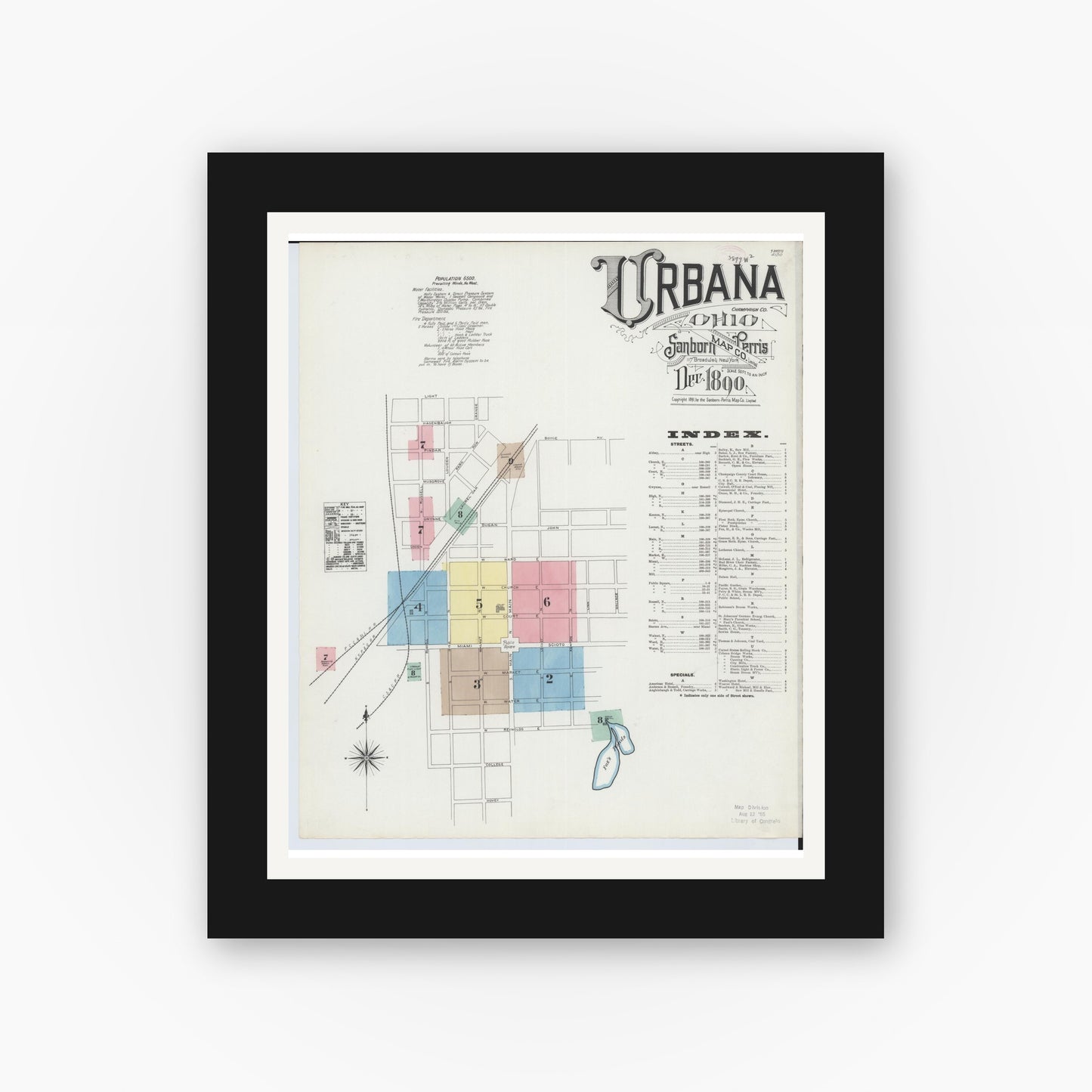 Old map wall art mockup — black gallery frame with white mat — Sanborn Fire Insurance Map from Urbana, Champaign County, Ohio (1890) - Complete Map Set
