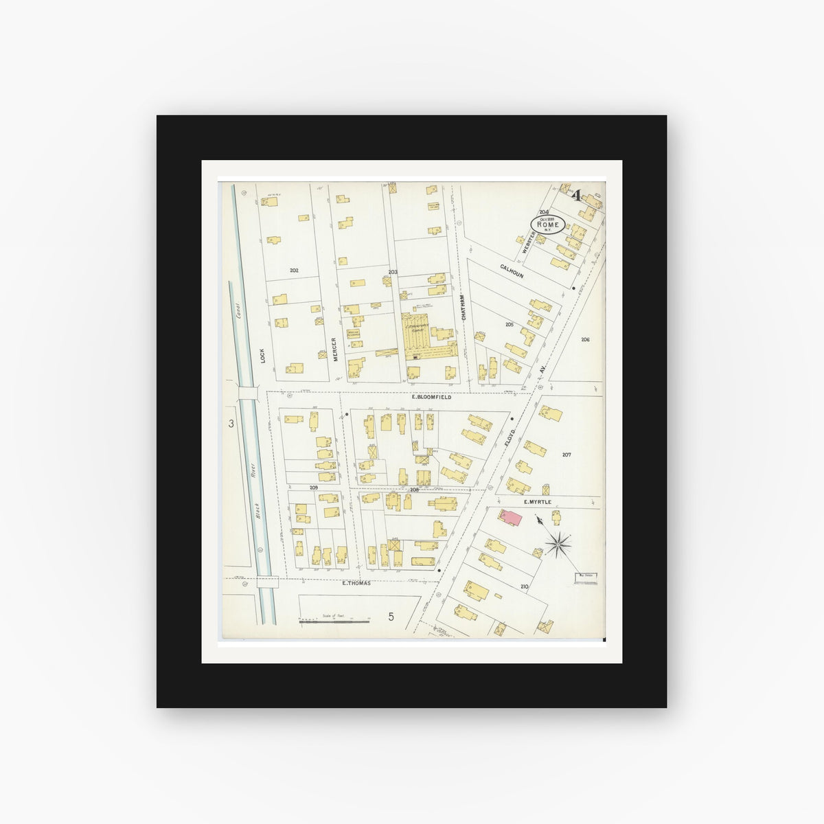 Old map wall art mockup — black gallery frame with white mat — Sanborn Fire Insurance Map from Rome, Oneida County, New York (1899), Sheet #0004